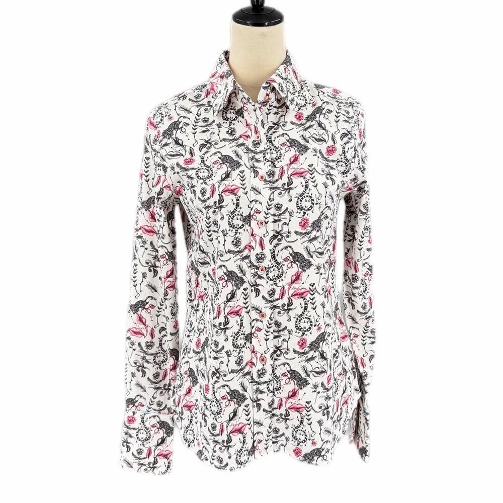 Robert Graham Button Up White Black Pink Graphic Novelty Print Animal Floral Top
